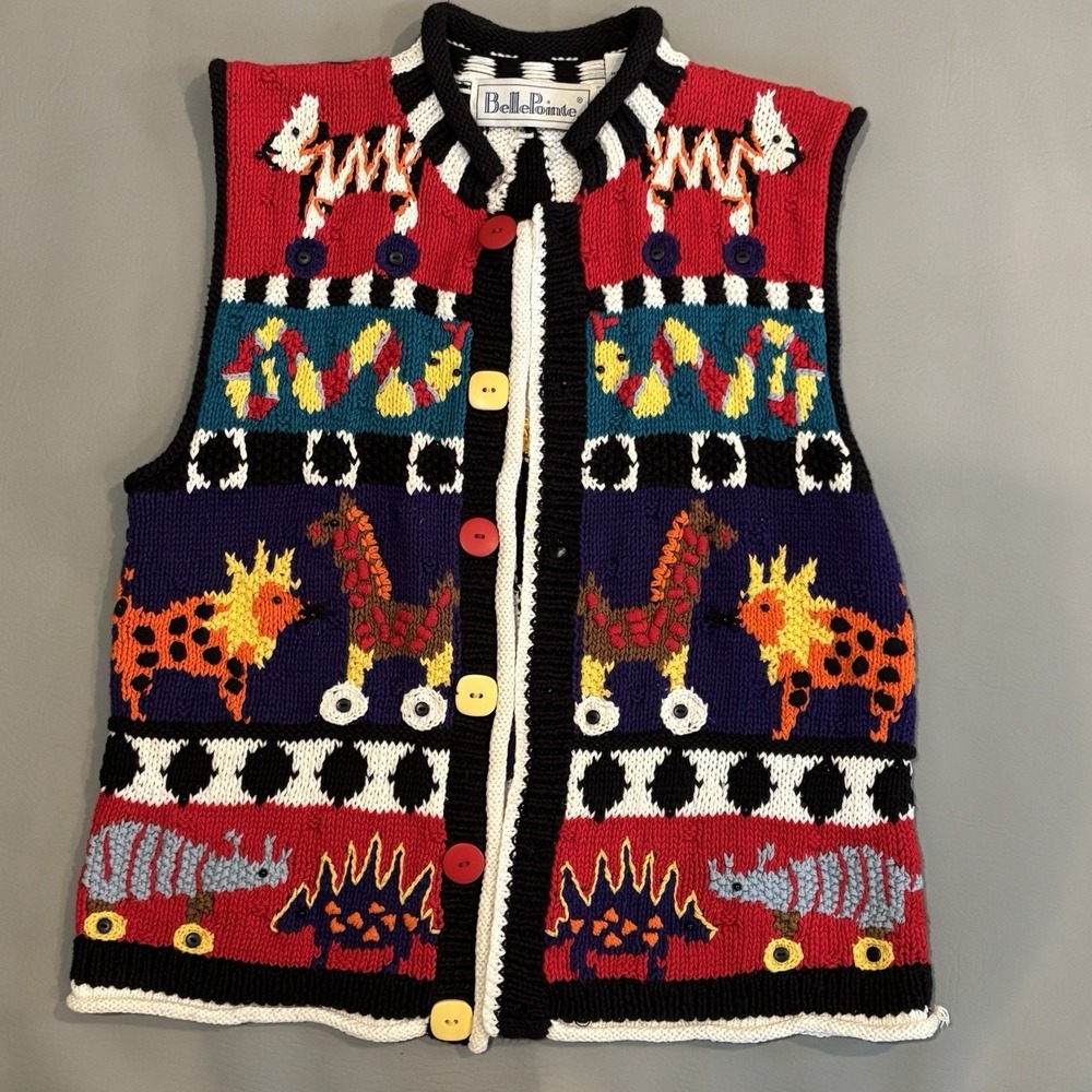 Vintage Belle Pointe Zoo Circus Toy Animals Hand Knit Sweater Vest Grannycore